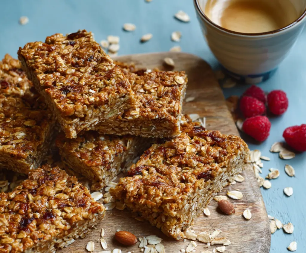 Homemade breakfast bars with oats, nuts, and dried fruits on a rustic wooden table.