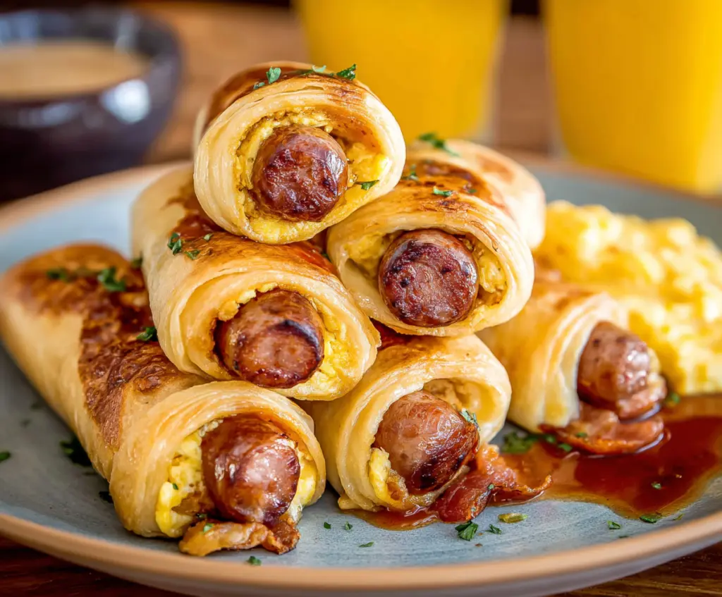 Delicious breakfast pigs in a blanket with golden-brown dough and savory sausage filling on a serve plate.