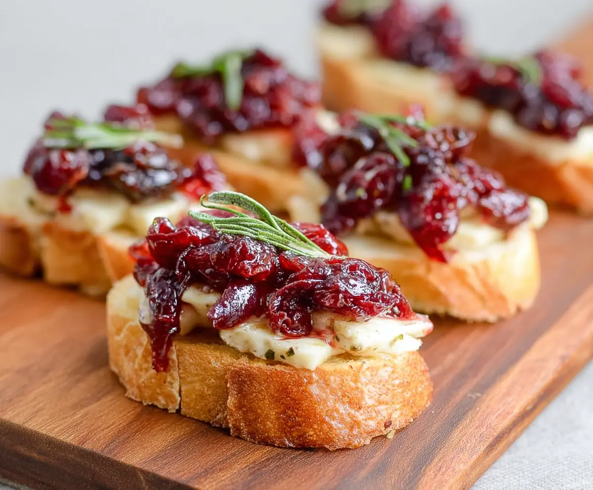 Delicious Brie and Cranberry Crostini served on a wooden platter, perfect for appetizers and parties.