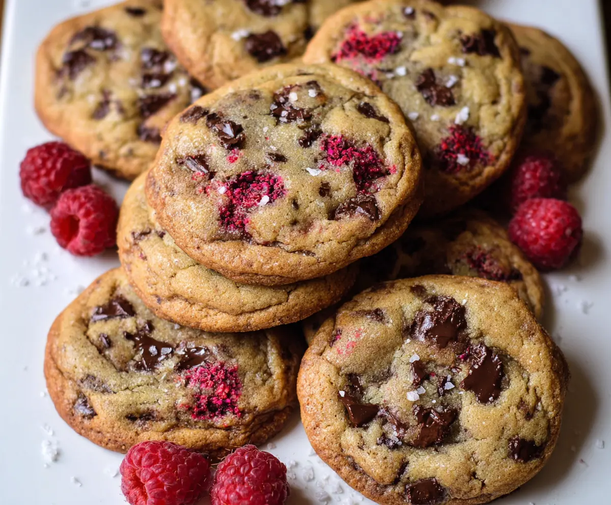 Delicious brown butter raspberry chocolate chip cookies fresh out of the oven.