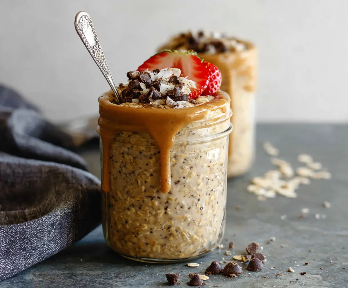 Creamy brown sugar espresso overnight oats in a glass jar with a spoon, topped with coffee beans and a sprinkle of cinnamon.