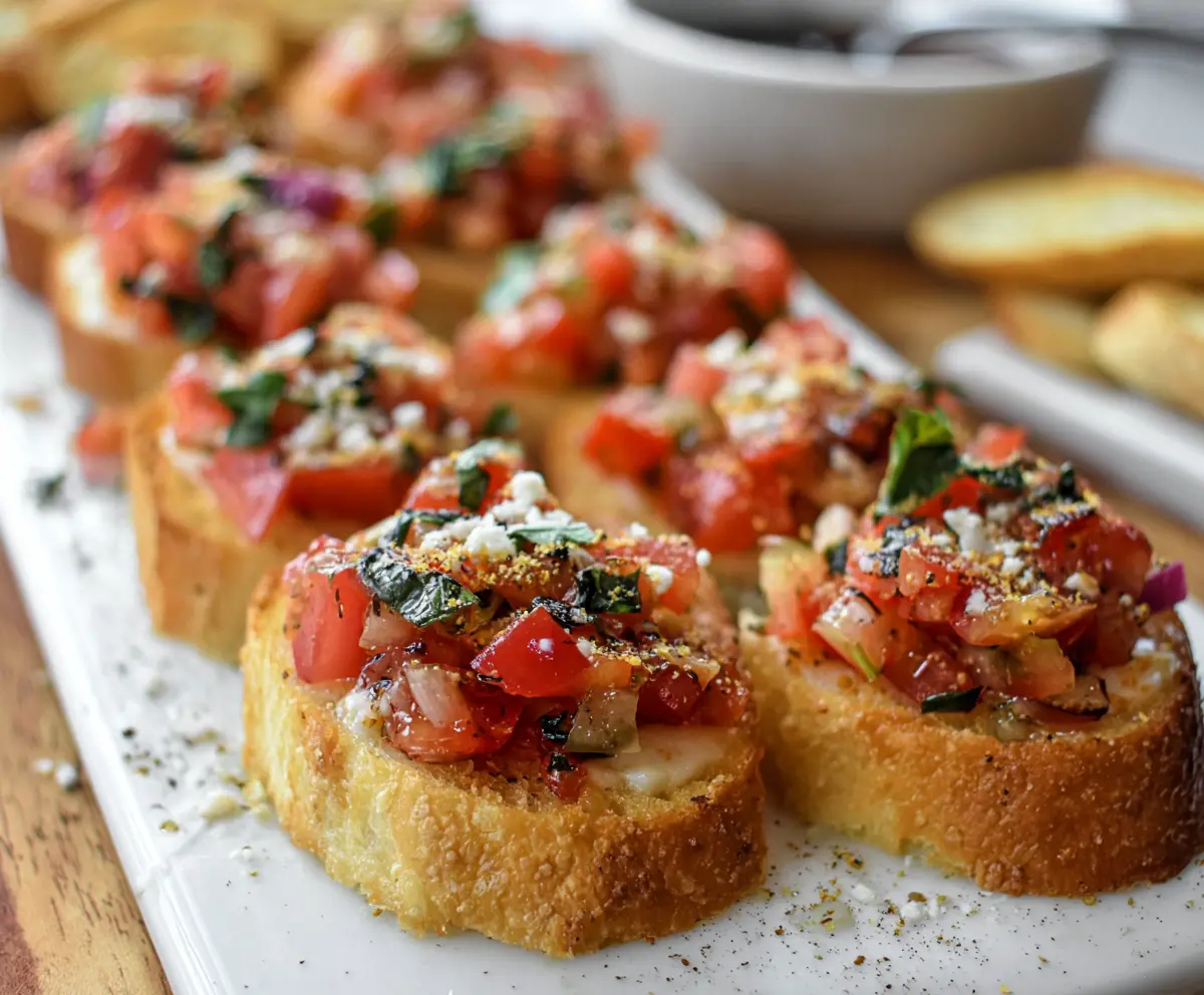 Close-up of flavorful bruschetta bites topped with fresh tomatoes and basil on toasted bread.