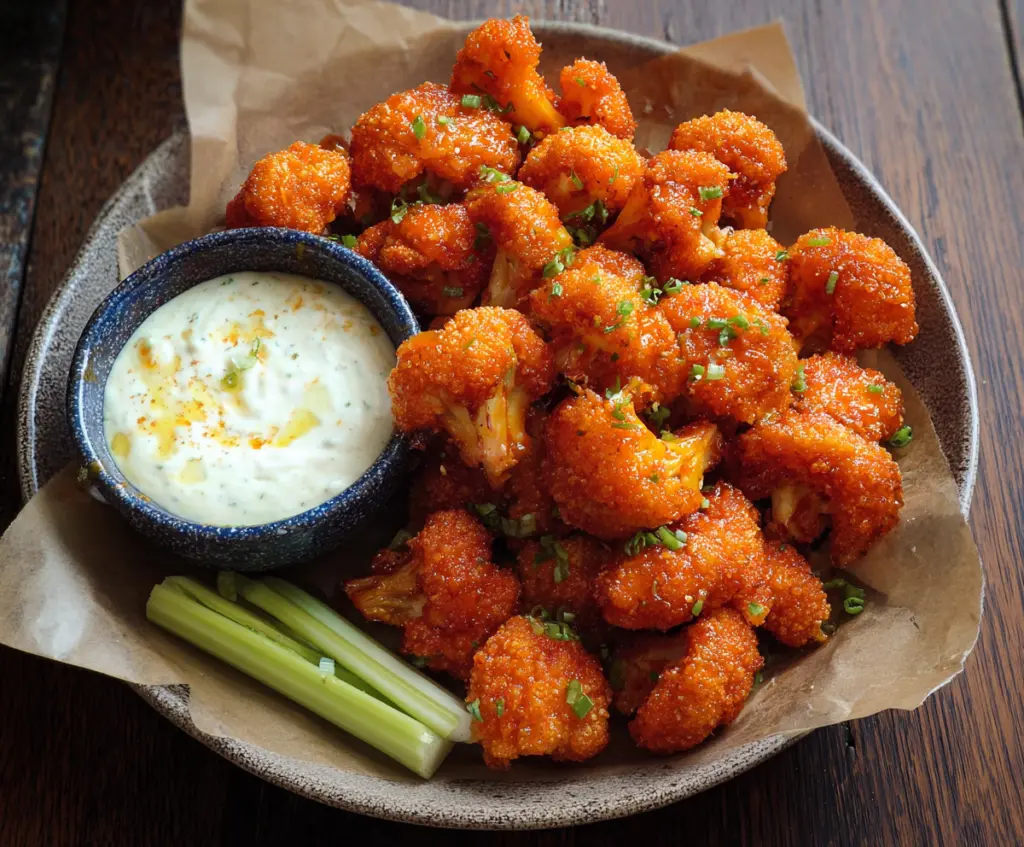Crispy buffalo cauliflower bites served with dipping sauce, perfect for a spicy vegetarian appetizer.