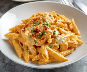 Creamy Buffalo Chicken Alfredo Penne pasta served with spicy buffalo sauce and tender chicken pieces.