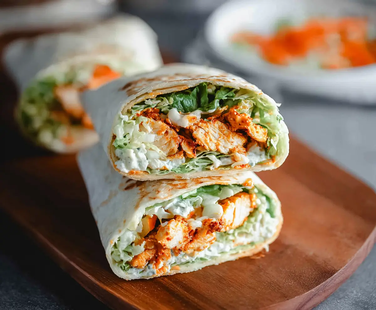 Delicious buffalo chicken wrap with fresh vegetables and spicy sauce ready to eat.
