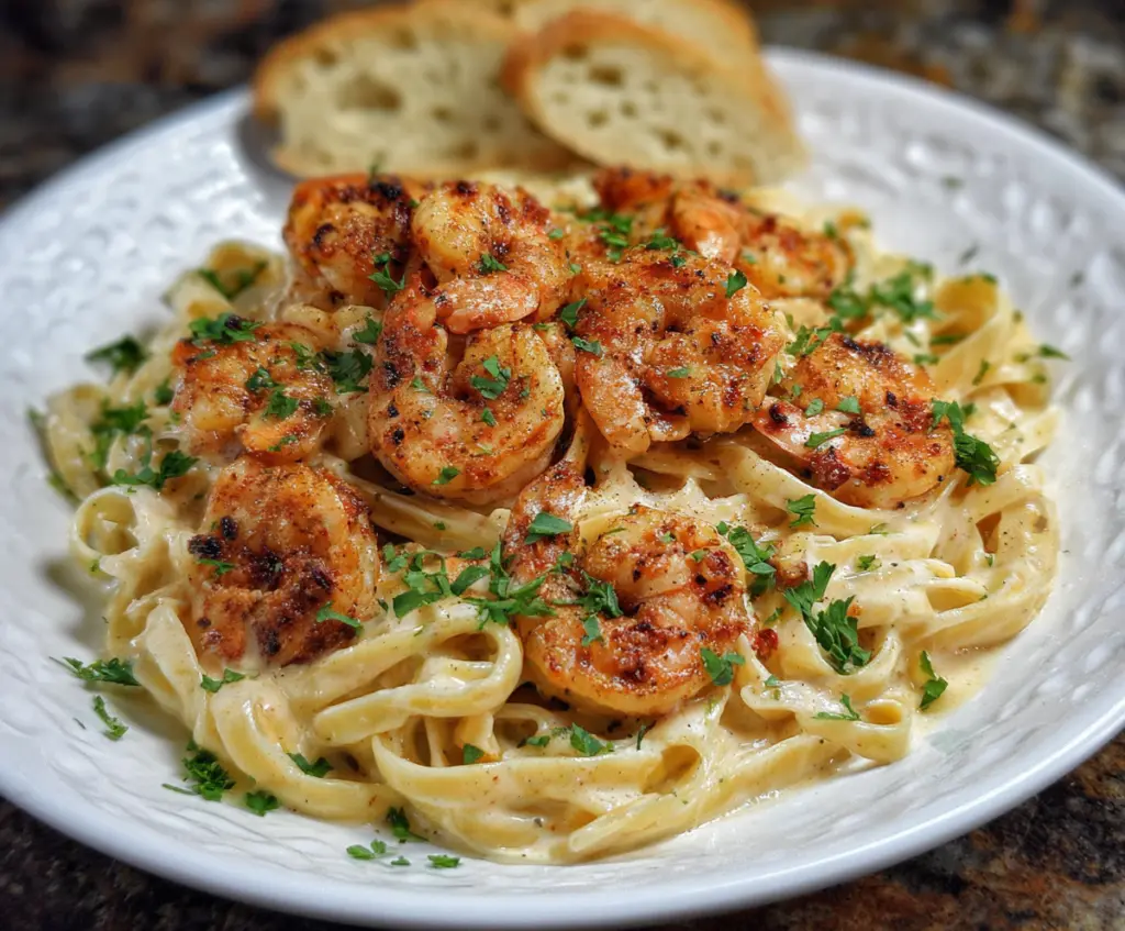 Delicious Cajun Shrimp Alfredo pasta dish with creamy sauce and spicy seasonings