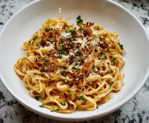 A close-up of caramelized onion pasta served on a plate, showcasing golden-brown onions and spaghetti garnished with herbs.