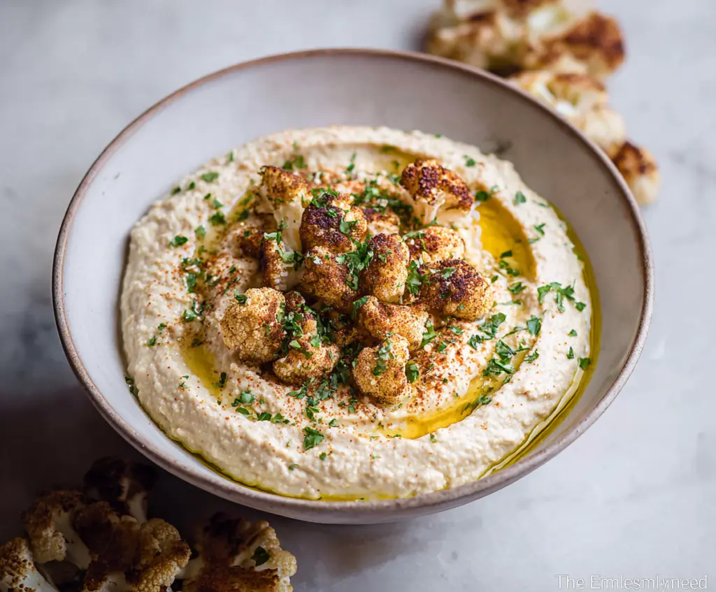 Creamy cauliflower hummus served with fresh vegetables for a healthy snack.