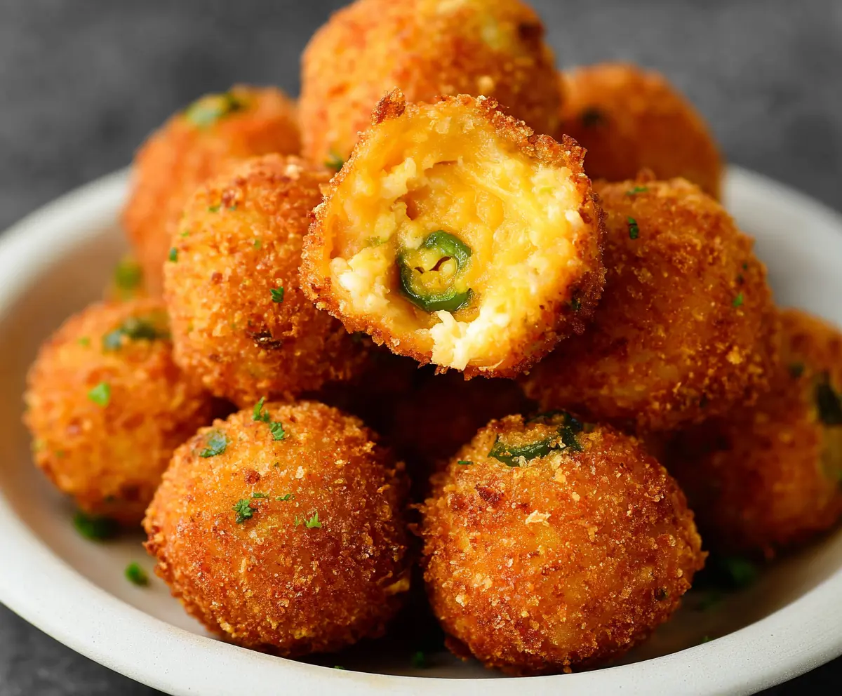 Crispy Cheddar Jalapeno Bites with melted cheese and spicy jalapenos on a plate