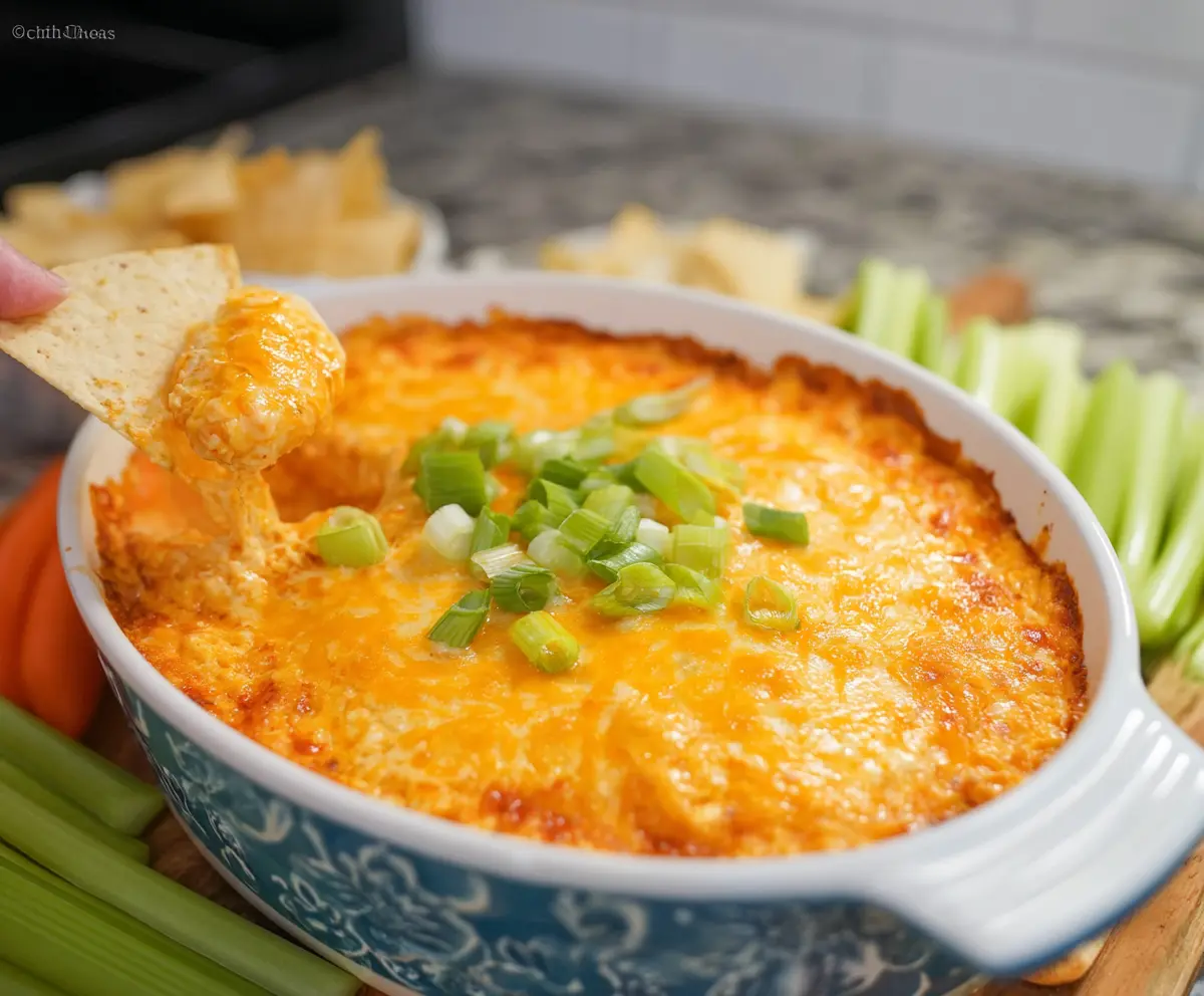 Creamy Cheesy Buffalo Chicken Dip served with tortilla chips, perfect for parties and gatherings.