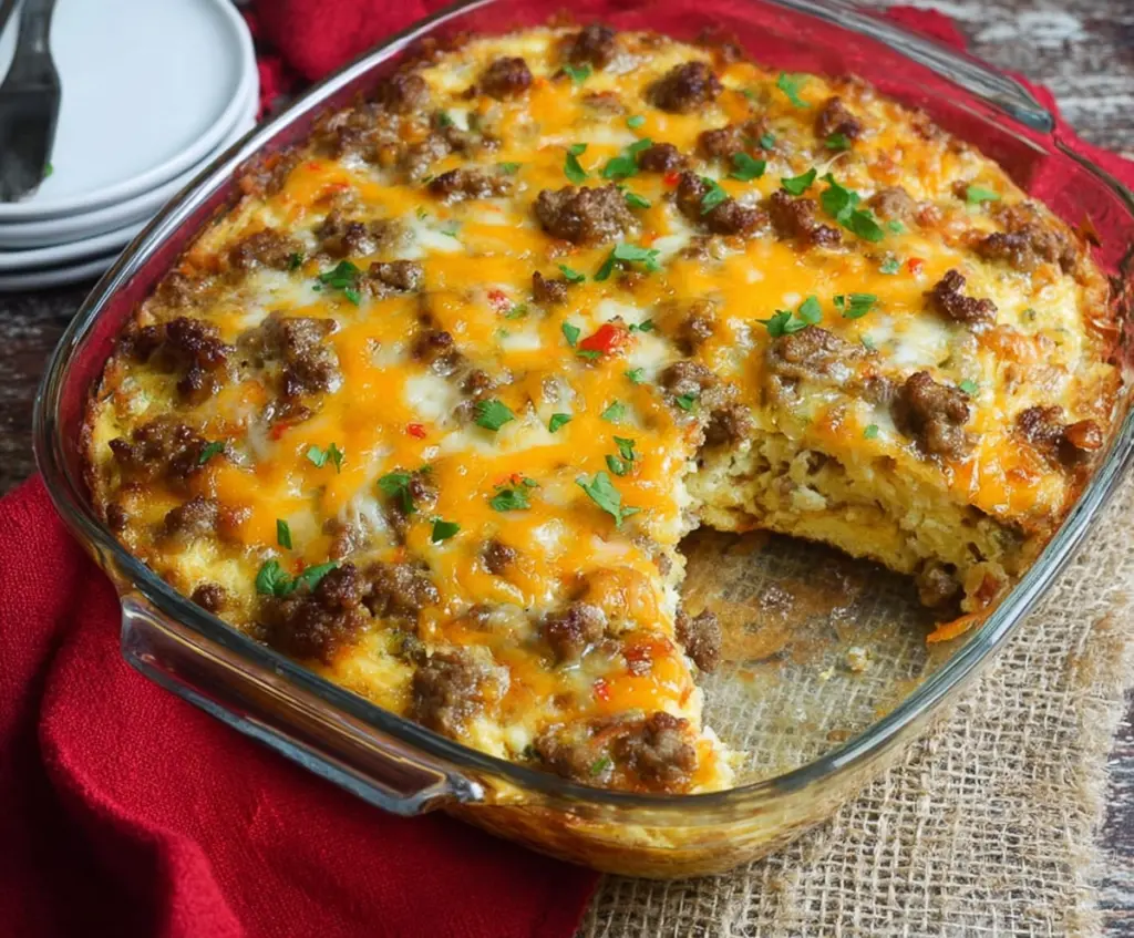Delicious cheesy sausage and hashbrown breakfast casserole served in a baking dish.