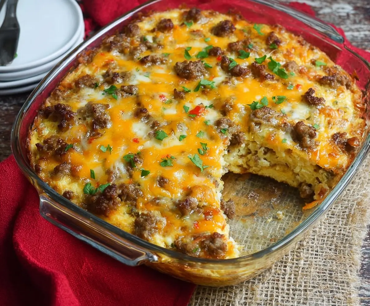 Delicious cheesy sausage and hashbrown breakfast casserole served in a baking dish.