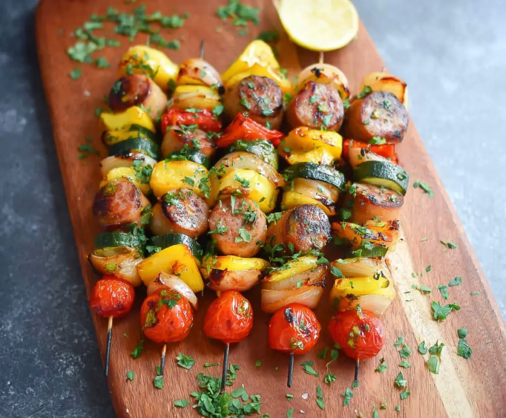 Grilled chicken apple sausage skewers with fresh vegetables on a popular recipe plate