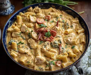 Delicious creamy Tuscan chicken pasta with spinach and sun-dried tomatoes on a plate.
