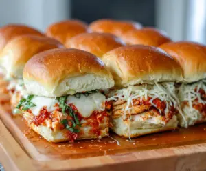 Delicious Chicken Parm Sliders with melted cheese and crispy toppings on soft slider buns.