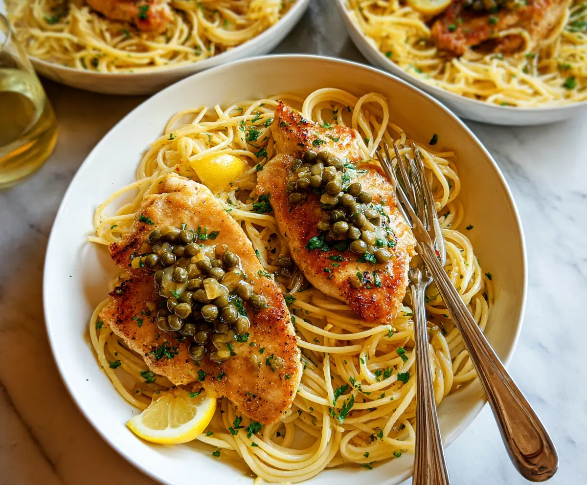Delicious Chicken Piccata Pasta with lemon sauce and capers on a white plate.
