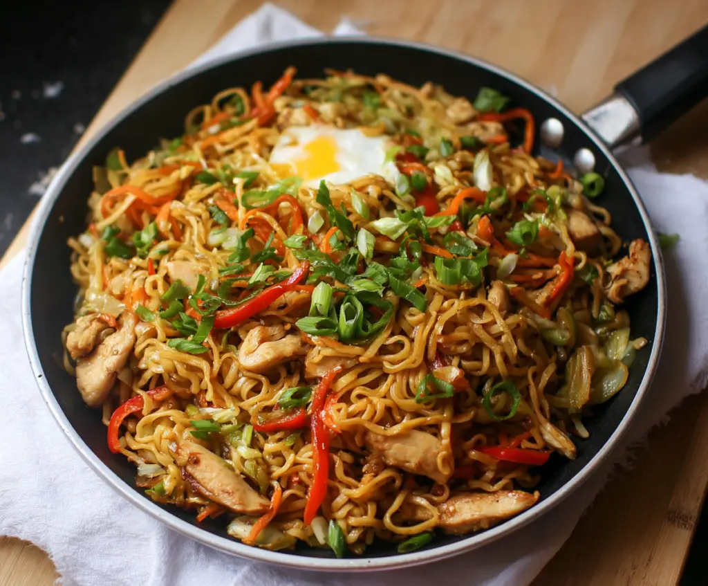 Delicious Chicken Yakisoba Noodles stir-fry with vegetables served in a bowl.