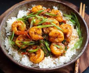 Delicious Chinese Hunan Shrimp dish with spicy sauce and colorful vegetables on a white plate