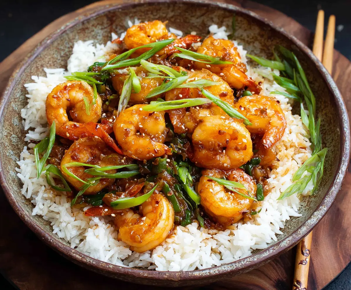 Delicious Chinese Hunan Shrimp dish with spicy sauce and colorful vegetables on a white plate