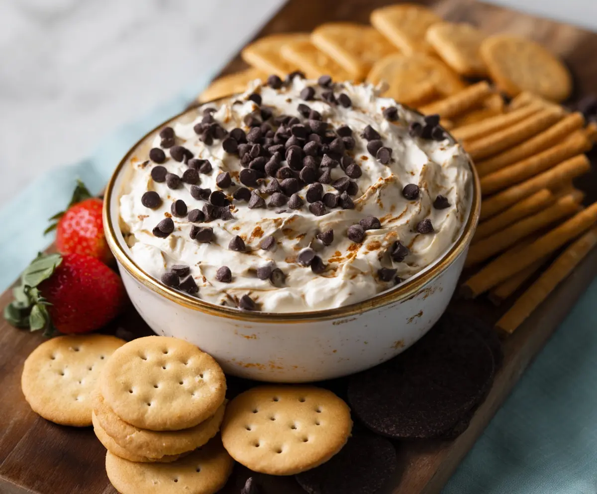 Delicious chocolate chip cream cheese dip served with fresh fruits and cookies