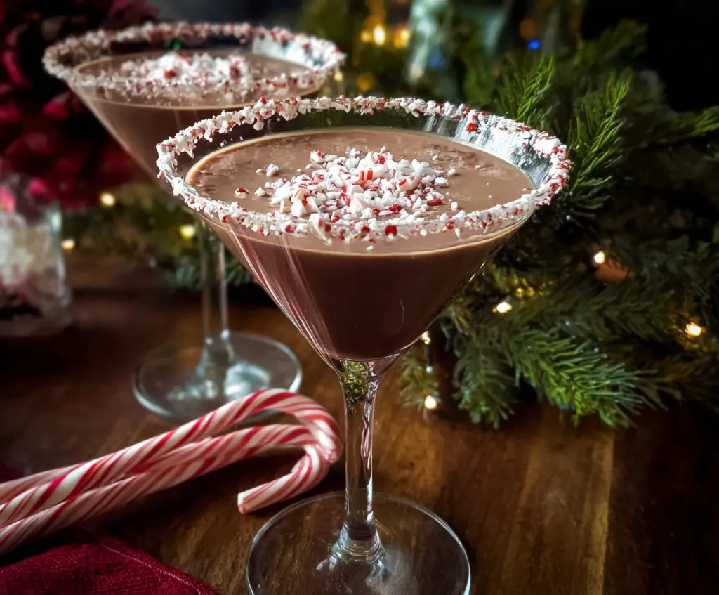 decadent Chocolate Peppermint Martini garnished with peppermint candy and chocolate shavings