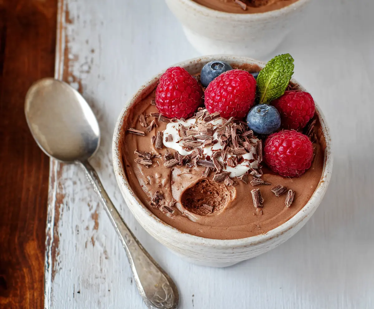 Rich and creamy chocolate protein mousse in a glass, perfect for a healthy dessert indulgence