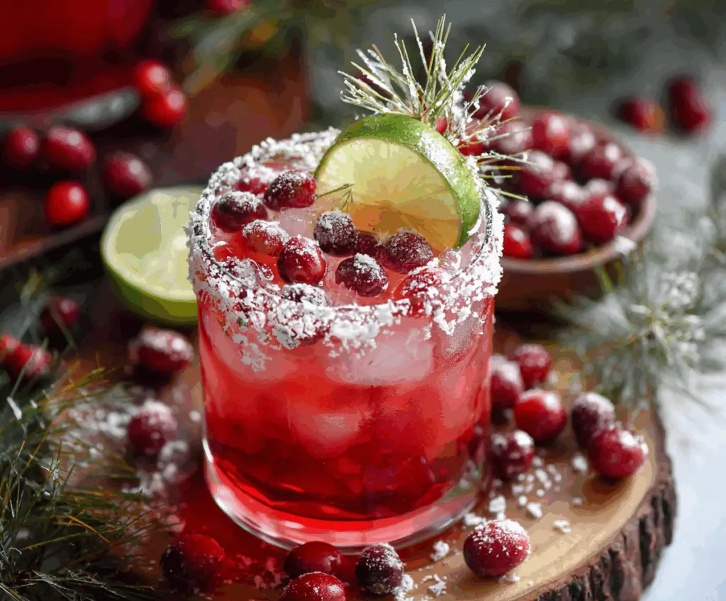 Festive Christmas Cranberry Margarita with fresh cranberries and lime in a decorative glass.