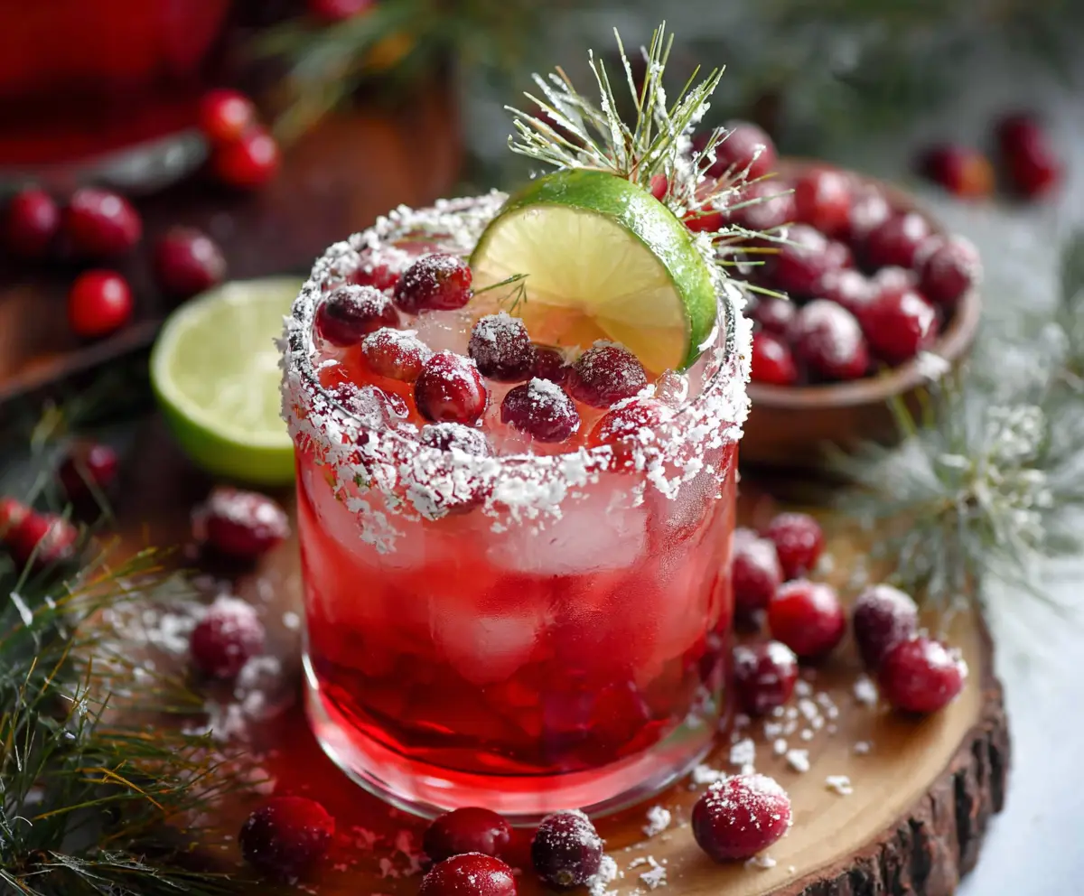 Festive Christmas Cranberry Margarita with fresh cranberries and lime in a decorative glass.