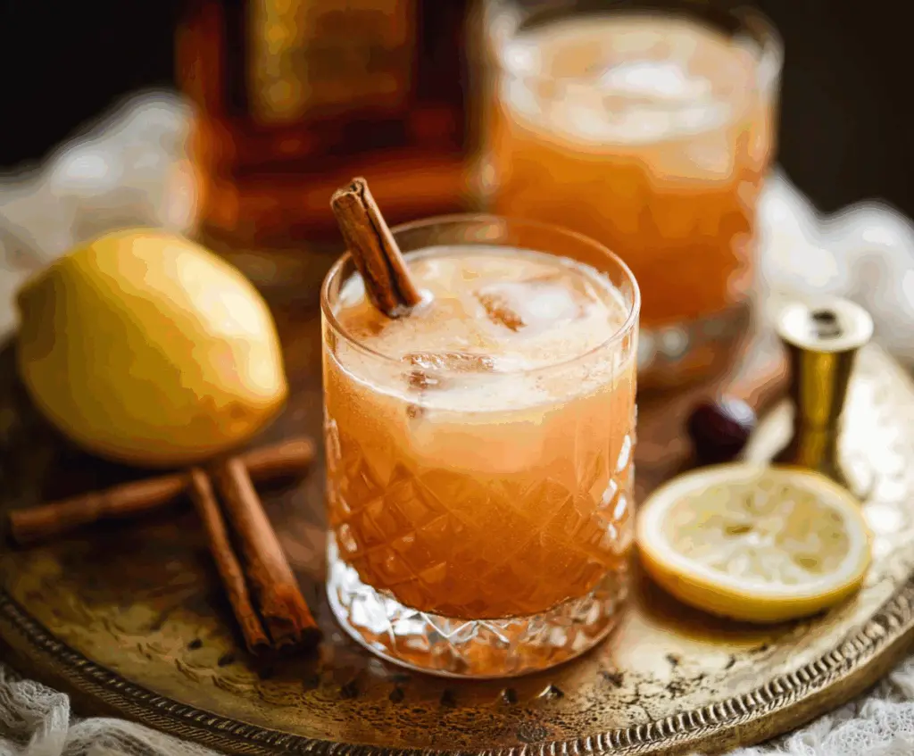 Elegant Cinnamon Maple Whiskey Sour cocktail with a cinnamon stick garnish on a stylish bar setup