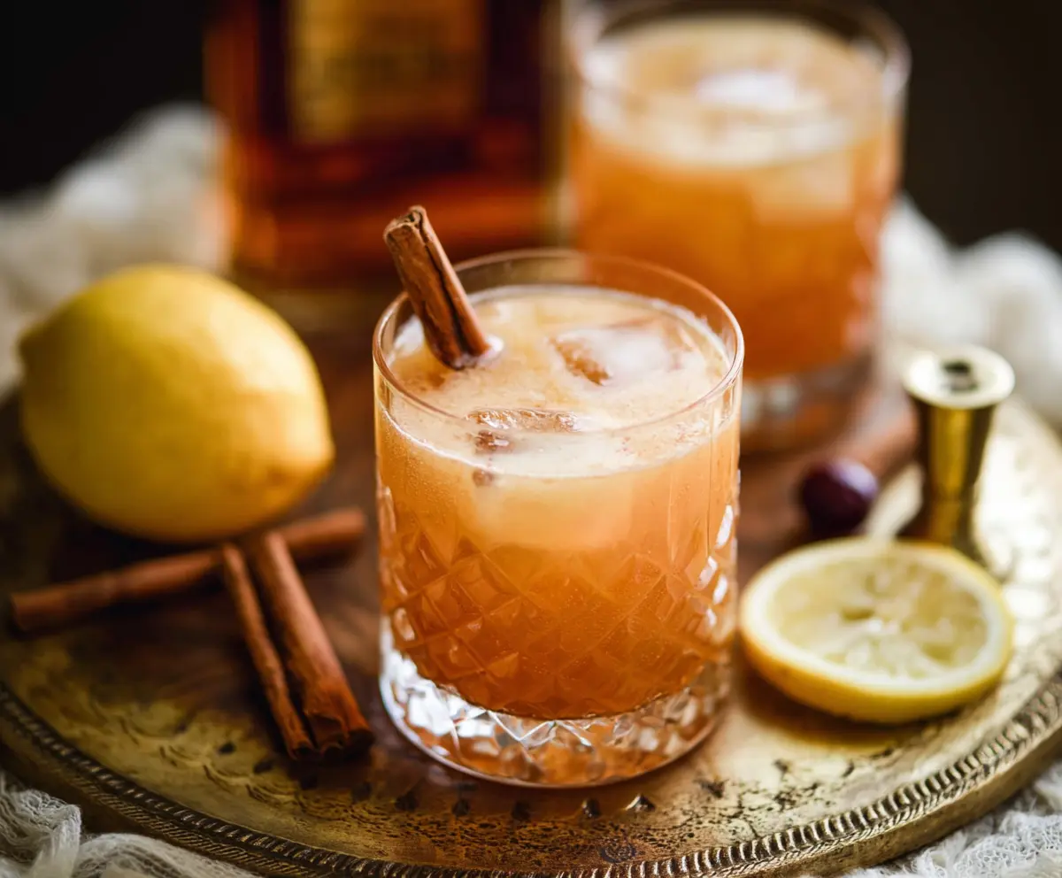 Elegant Cinnamon Maple Whiskey Sour cocktail with a cinnamon stick garnish on a stylish bar setup