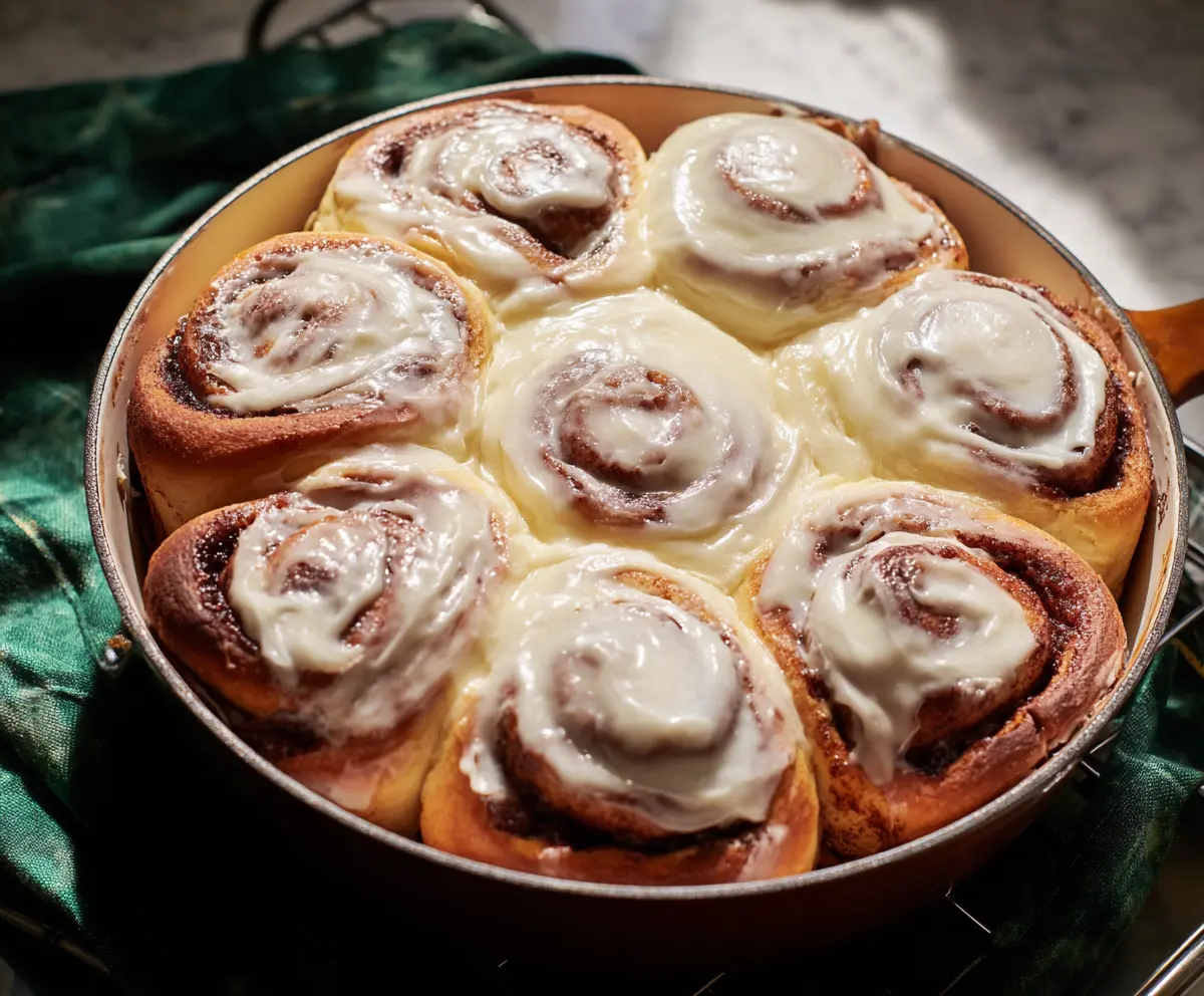 Delicious cinnamon rolls topped with creamy cream cheese frosting on a wooden table