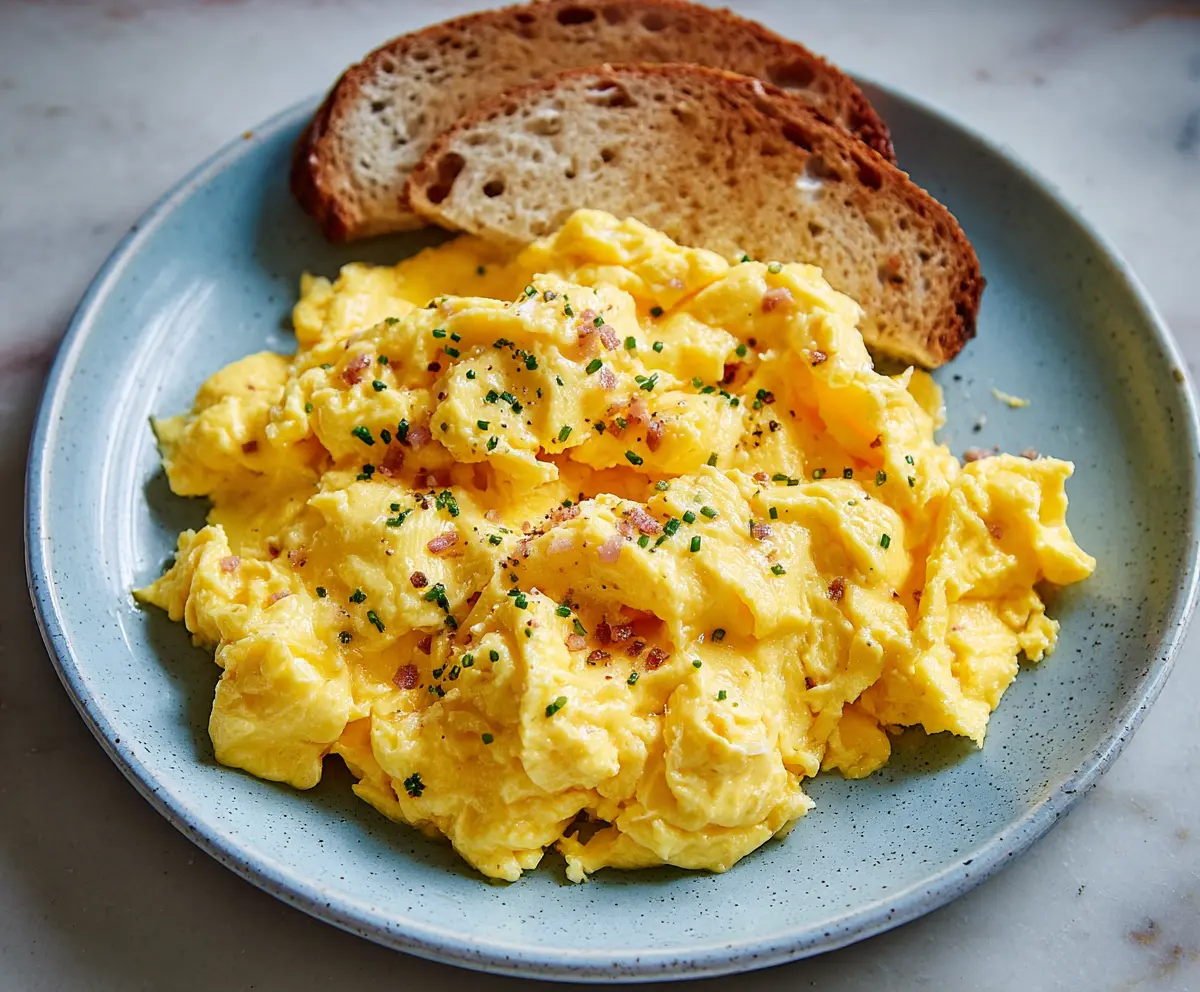 Golden fluffy scrambled eggs served on a plate, perfect for breakfast