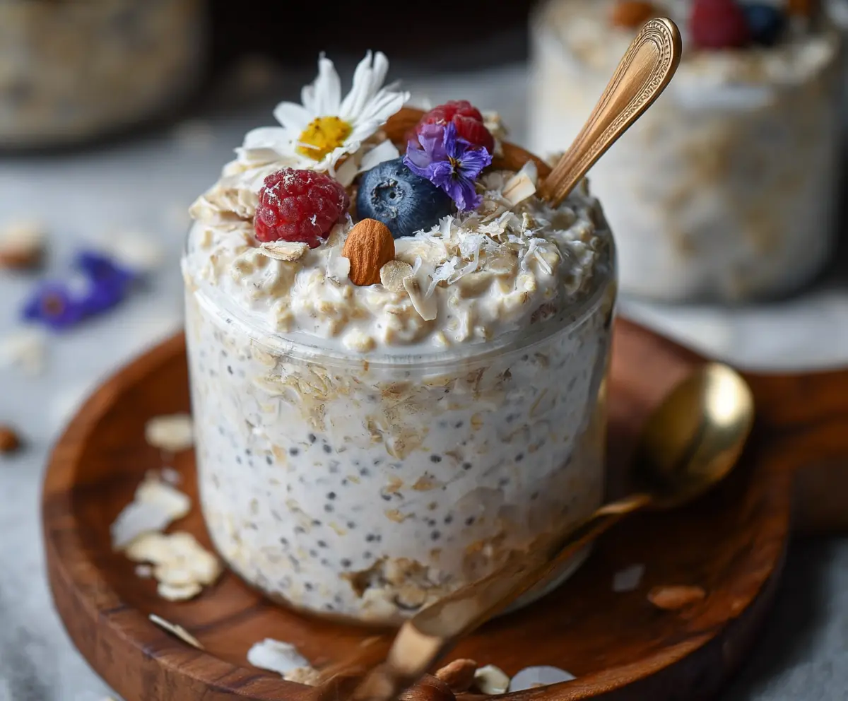 Creamy coconut overnight oats topped with fresh fruit and shredded coconut for a healthy breakfast.