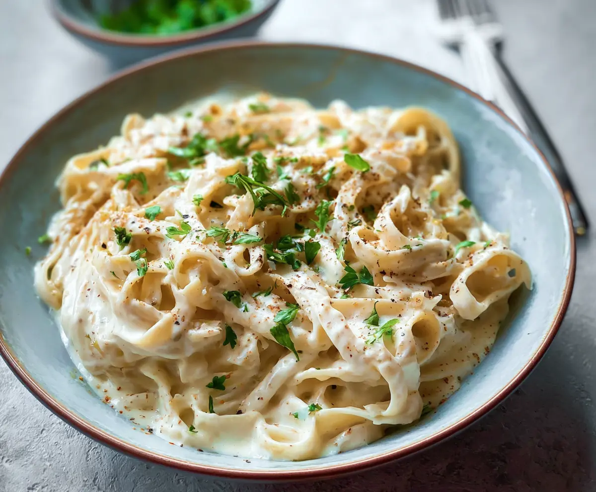 Delicious Cottage Cheese Alfredo Pasta served on a white plate, garnished with fresh herbs.