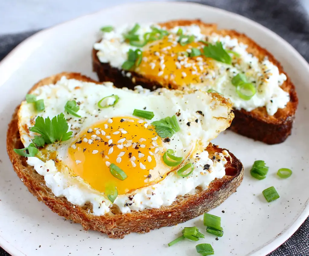 Delicious cottage cheese egg toast on a plate, garnished with herbs for a healthy breakfast.