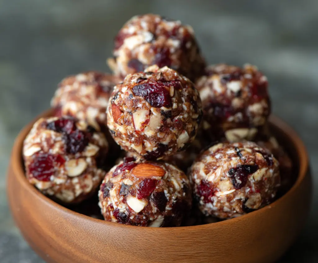 Healthy cranberry almond energy bites on a white plate, perfect for quick snacks and nutritious snacking.