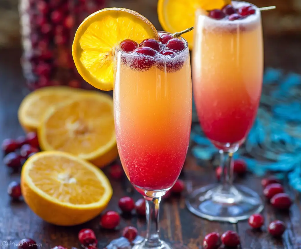 A refreshing Cranberry Orange Mimosa in a champagne flute garnished with fresh cranberries and orange slices.