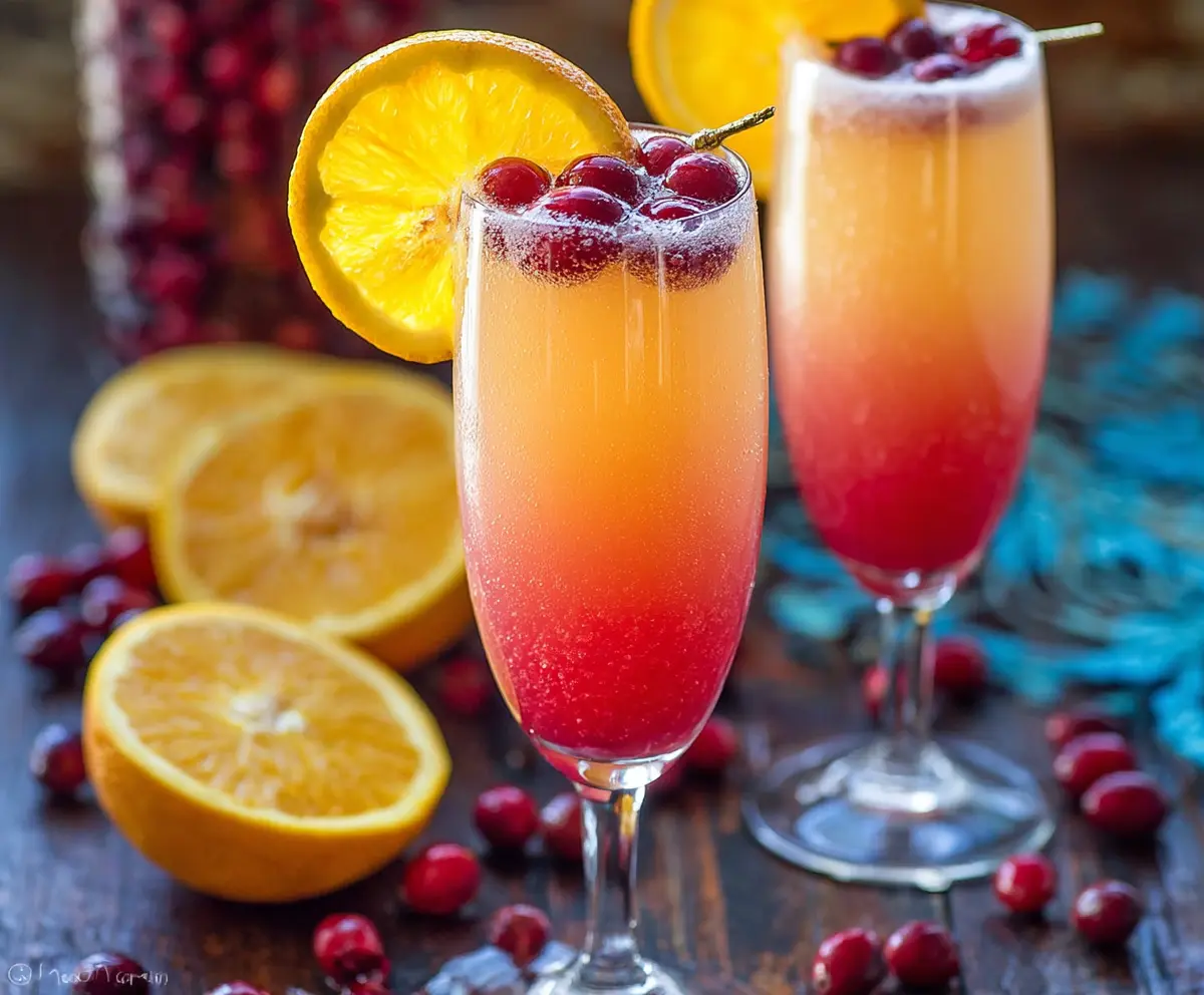 A refreshing Cranberry Orange Mimosa in a champagne flute garnished with fresh cranberries and orange slices.