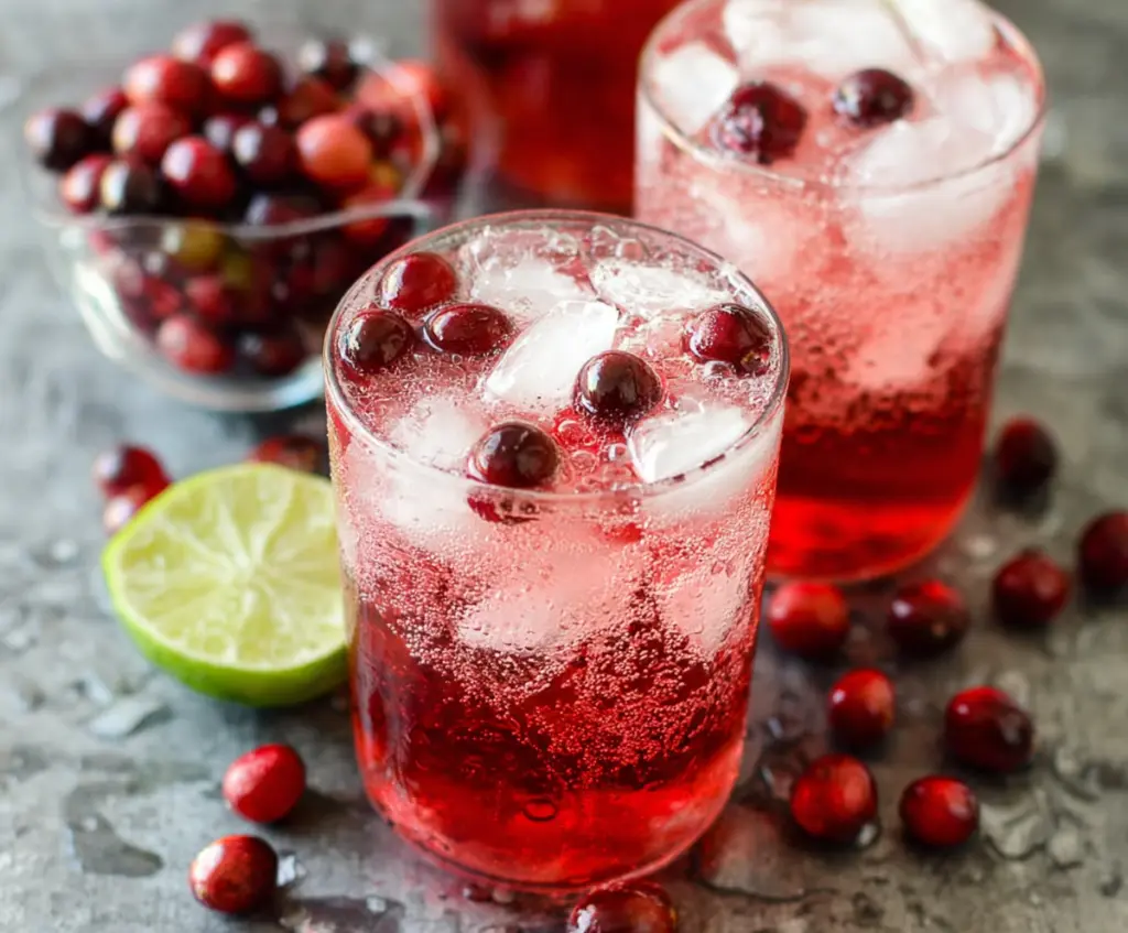 Refreshing Cranberry Vodka Spritzer served in a elegant glass with fresh cranberries and lime slices.