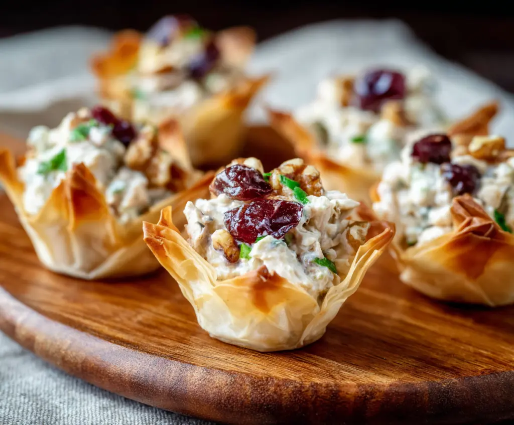 Delicious Cranberry Walnut Chicken Salad served in crispy Phyllo Cups, perfect for appetizers or parties.