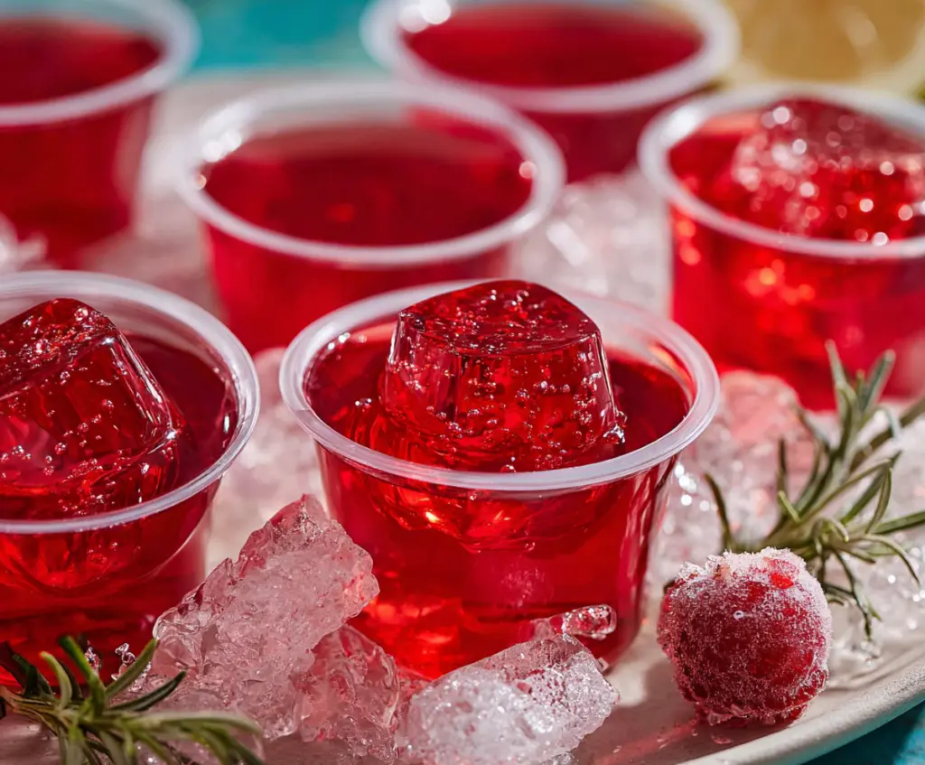 Crantini Jello Shots in clear glasses, vibrant red color with lime garnishes for a festive treat.