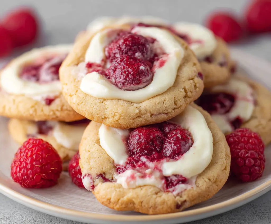 Delicious homemade cream cheese raspberry cookies on a white plate