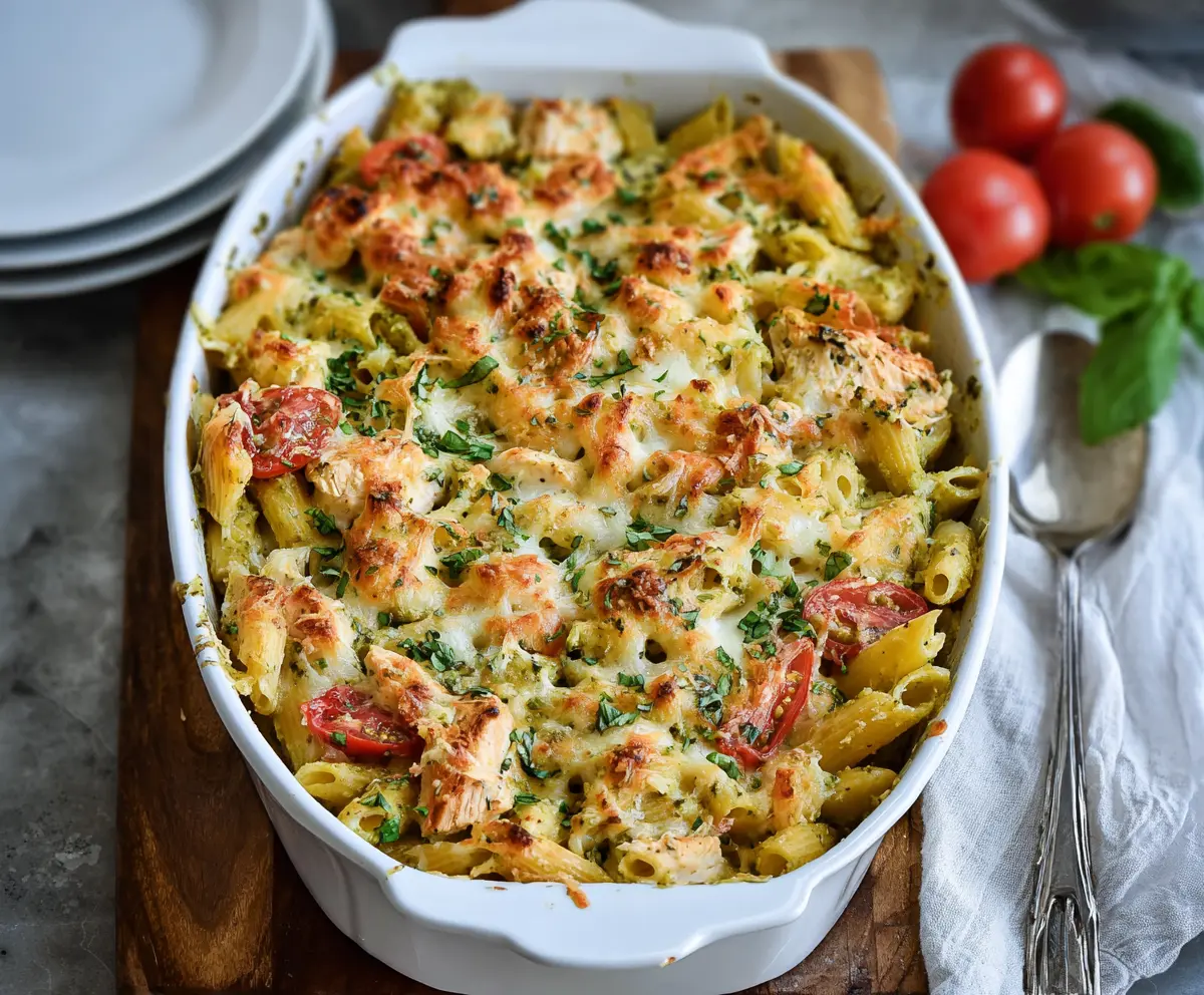 Delicious creamy basil pesto chicken pasta bake garnished with fresh basil leaves, served hot.