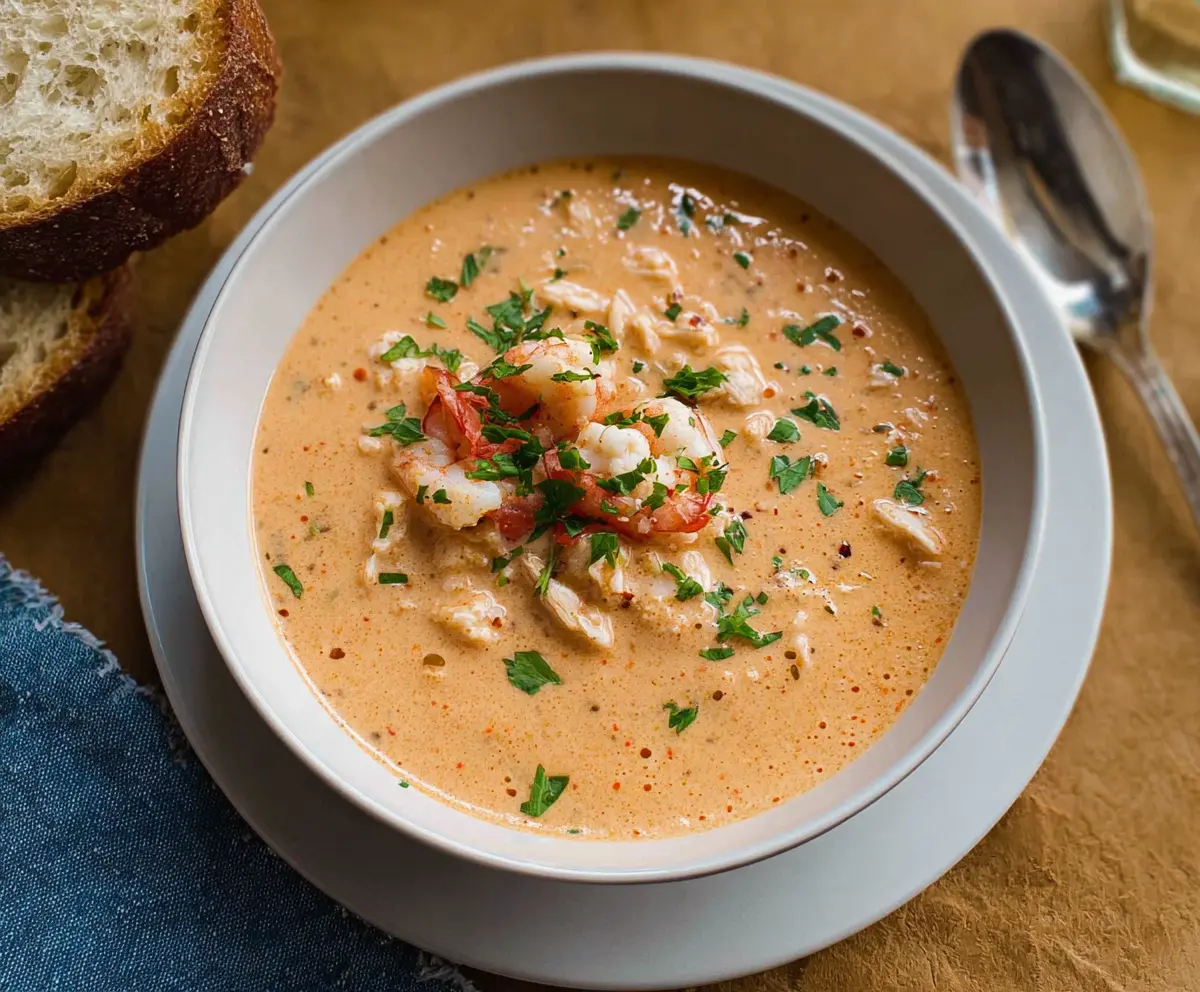 Delicious creamy crab and shrimp seafood bisque served in a bowl garnished with fresh herbs.