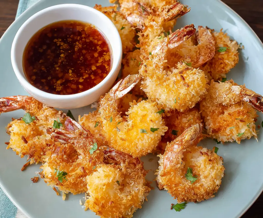 Delicious crispy baked coconut shrimp on a plate, garnished with lemon slices and fresh herbs.