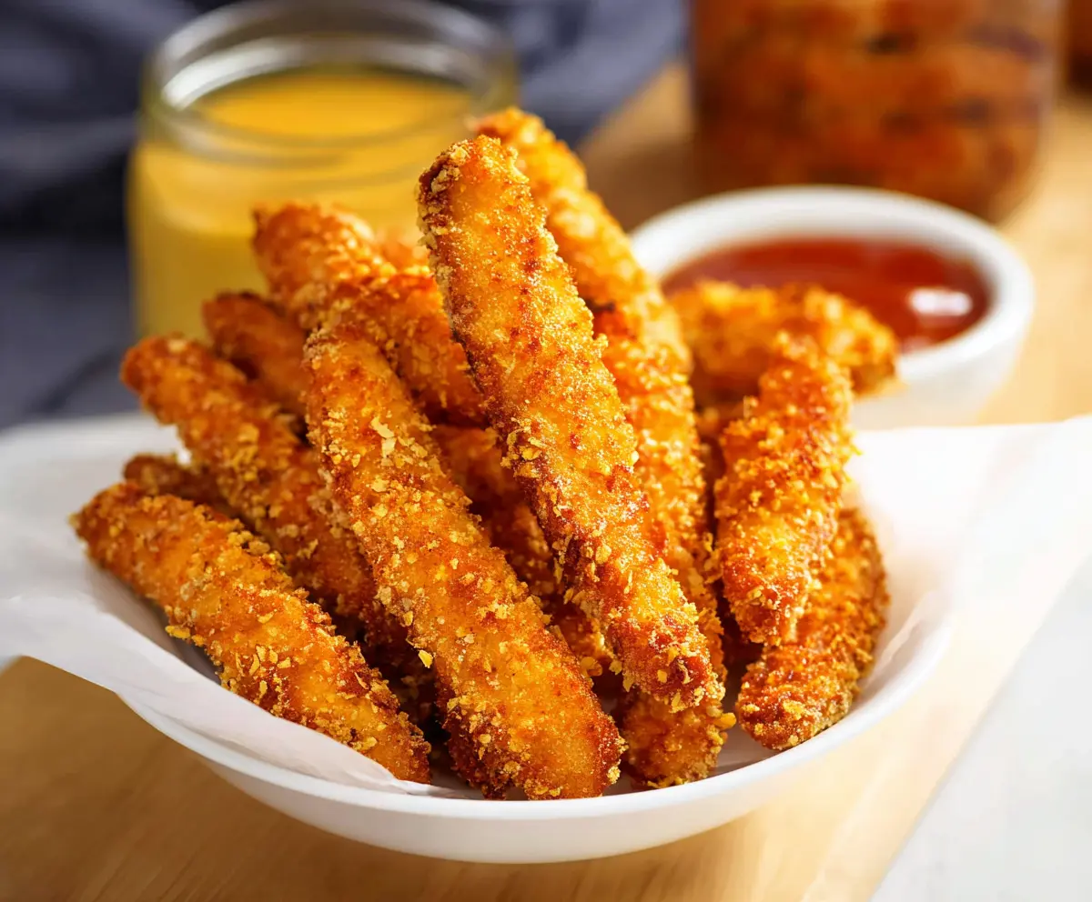 Golden and crispy chicken fries served with dipping sauce on a white plate.