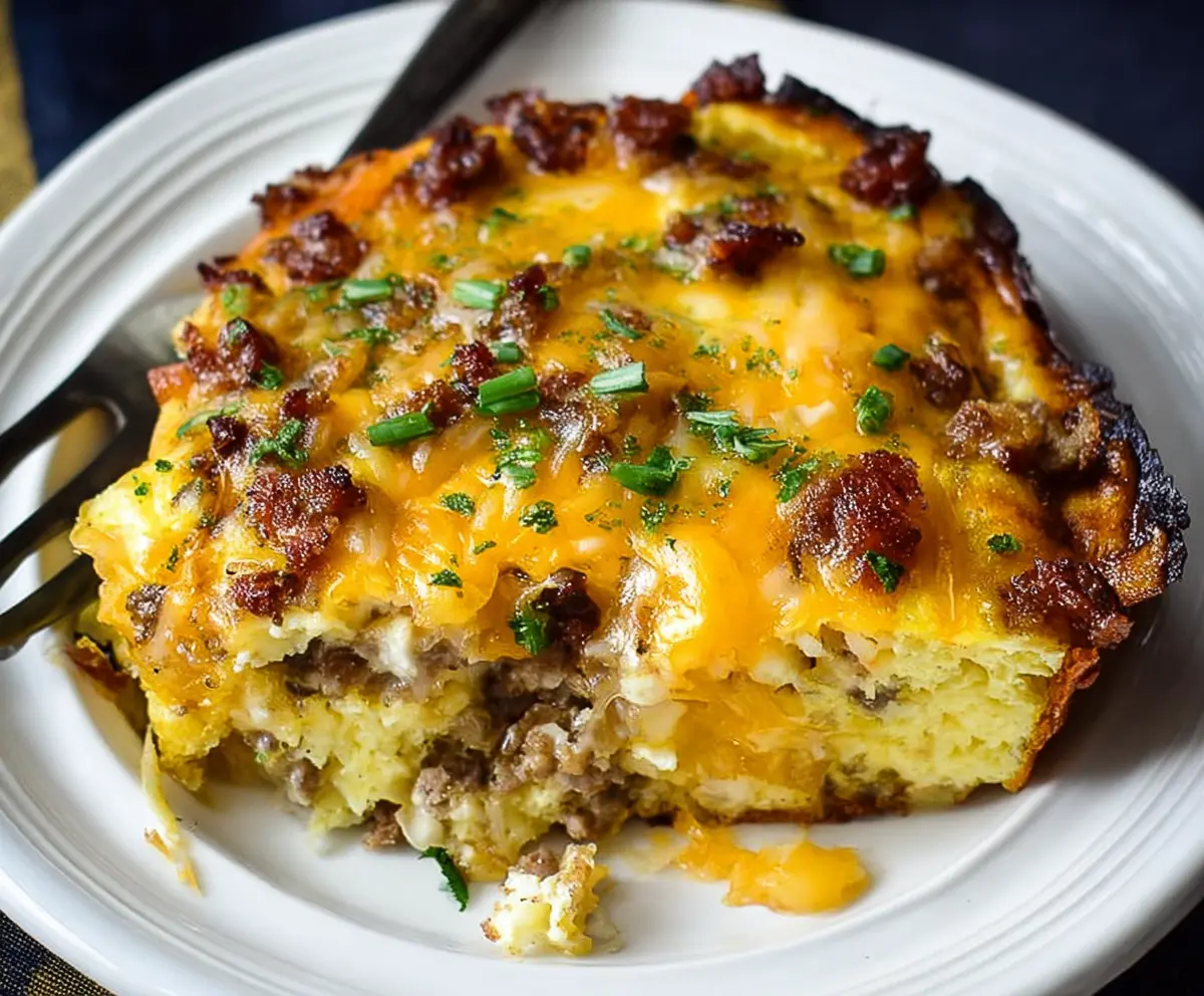 Delicious crockpot breakfast casserole with eggs, cheese, and sausage served in a baking dish.