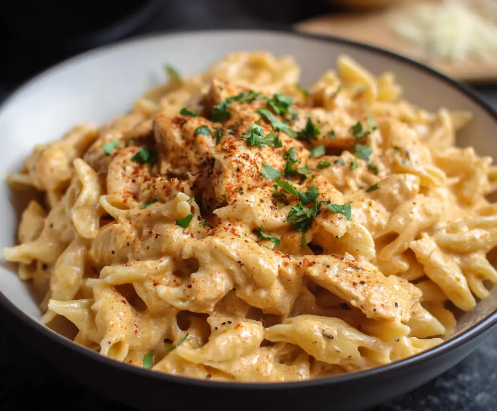Delicious Crockpot Chicken Pasta with tender chicken and creamy sauce, served in a bowl.