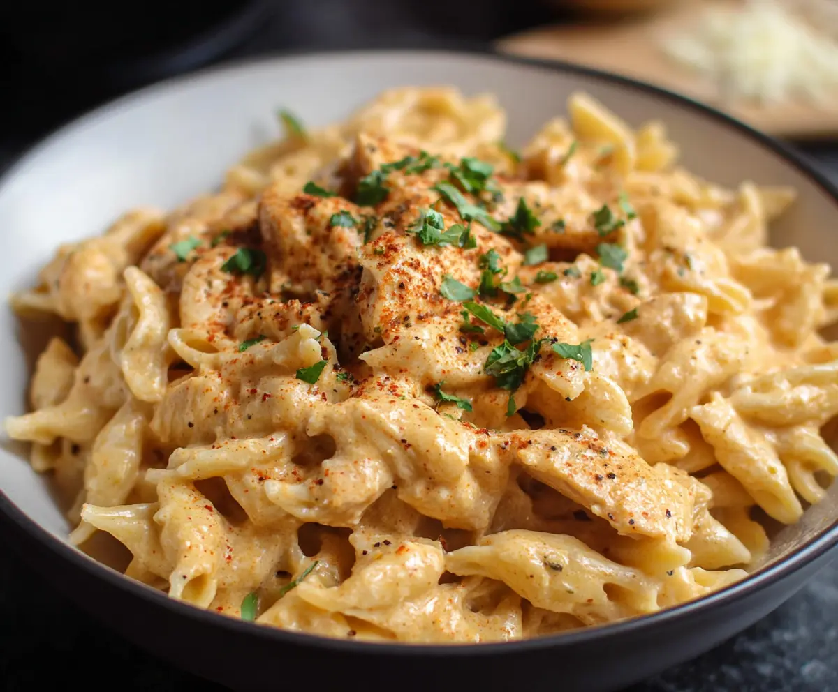 Delicious Crockpot Chicken Pasta with tender chicken and creamy sauce, served in a bowl.