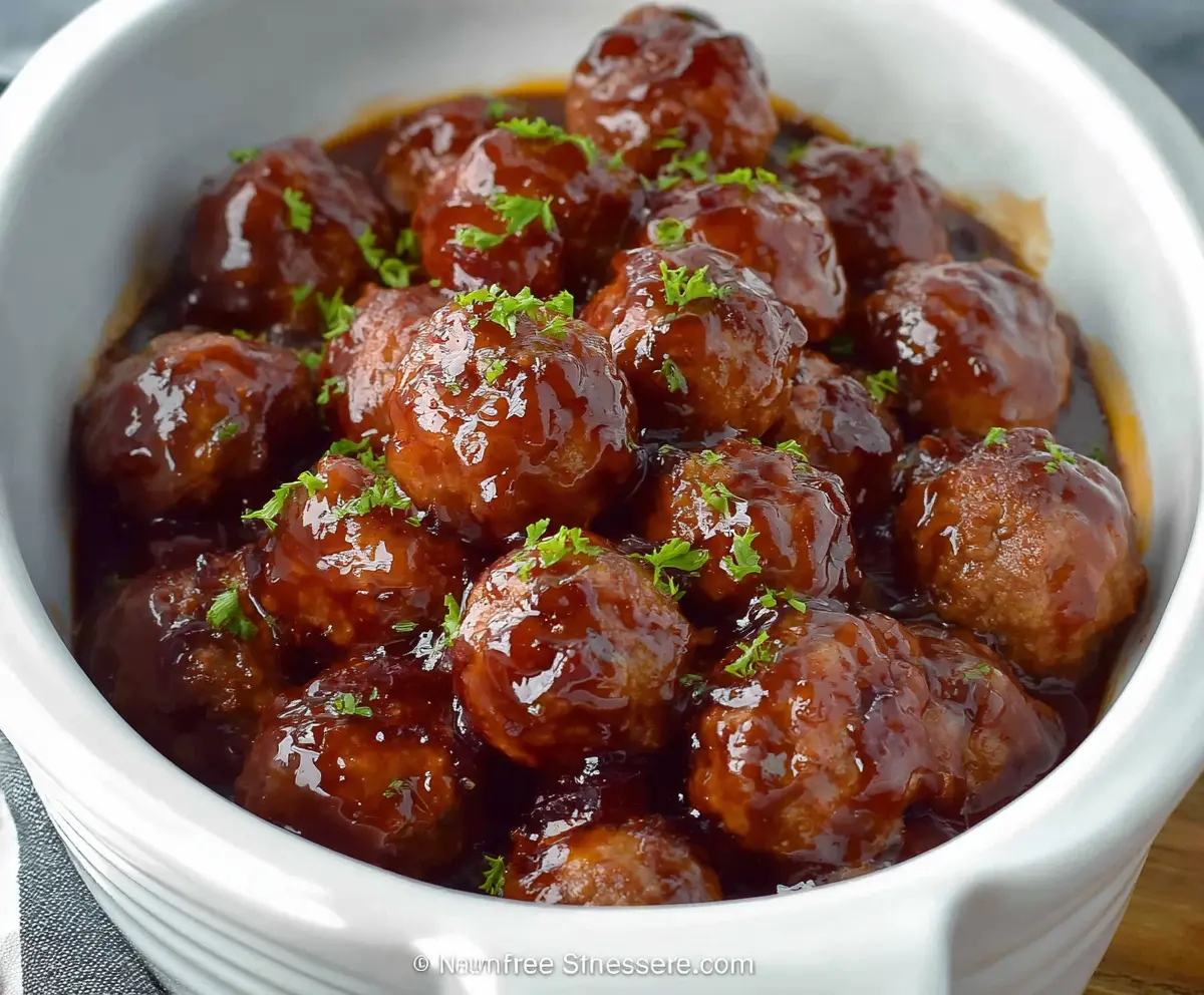 Delicious crockpot meatballs glazed with sweet grape jelly in a slow cooker.